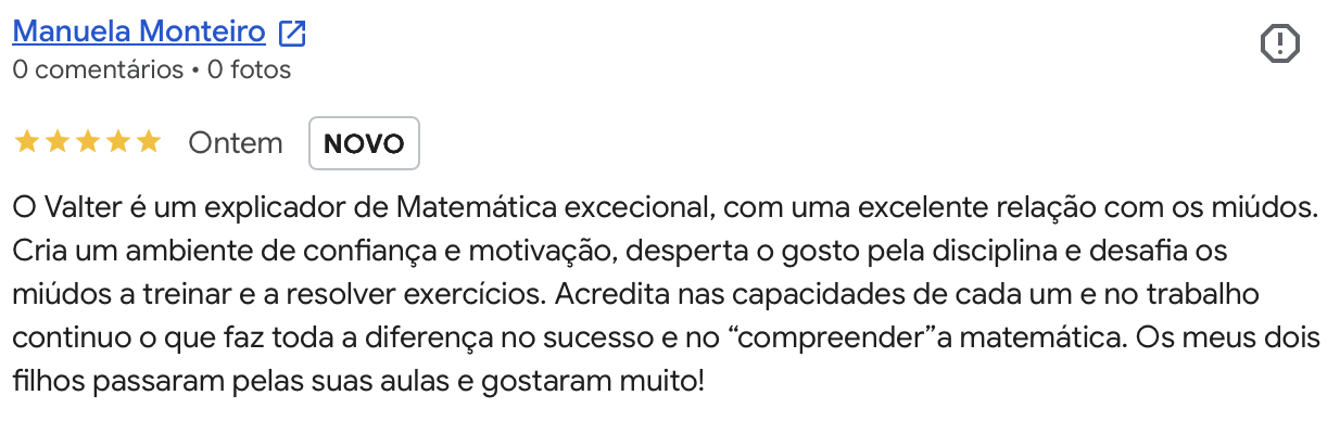 Avaliacao Google 5 estrelas de Manuela Monteiro: os dois filhos gostaram muito das aulas do Valter.